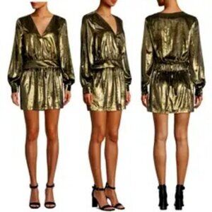 New FRAME Metallic Gold Lame' Velvet Long-Sleeve V-Neck Mini Dress 8 MSRP $595